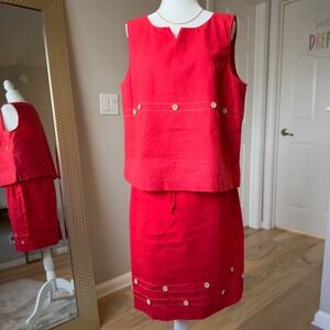 Sag Harbor Petite Red Linen Blend Skirt Set Sleeveless Top Buttons‎ 16P 12P